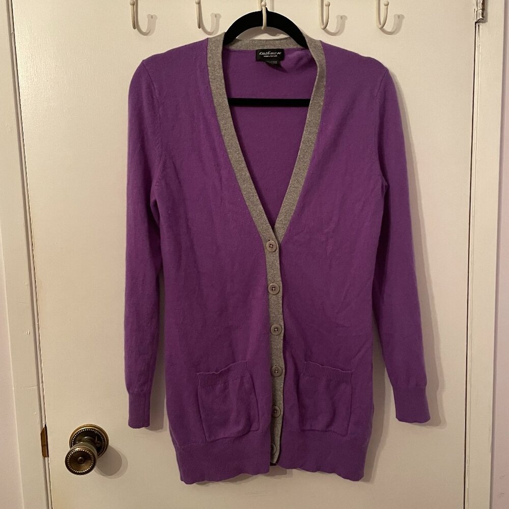 Lord & Taylor 100% Cashmere Cardigan Knit Sweater Button Down Purple Grey Trim